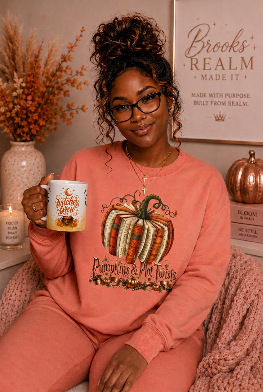 Model wearing the coral Pumpkins & Plot Twists sweatshirt and holding the Witches Brew mug