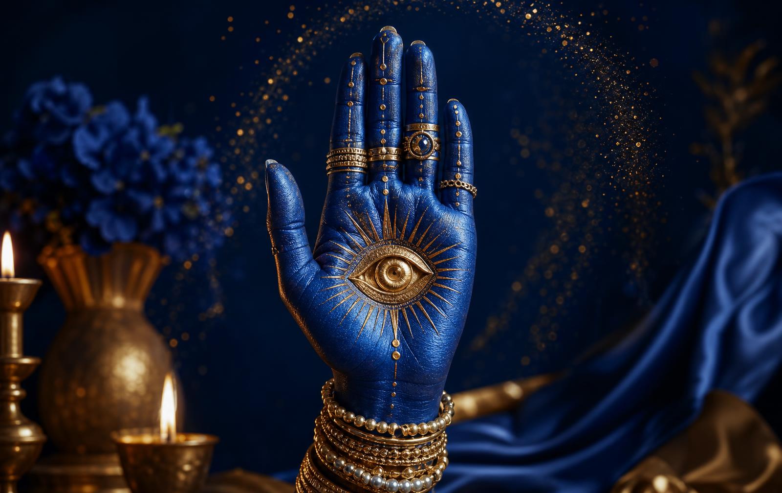 Royal blue hand adorned with pearl and gold jewelry, centered around a protective eye
